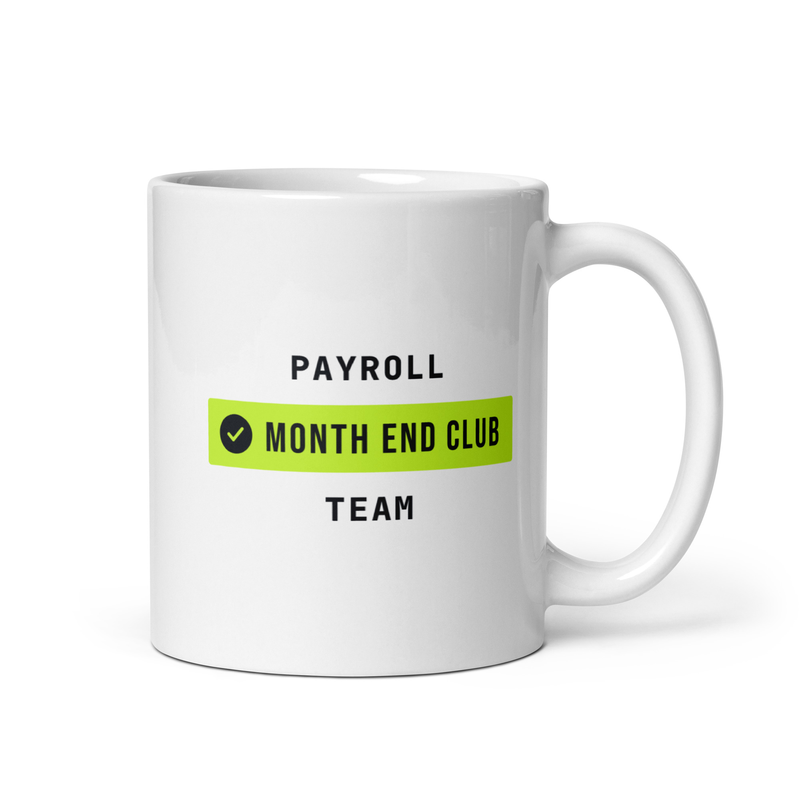 Month End Club Team Mug – Payroll, Black and lime print – white 11oz mug