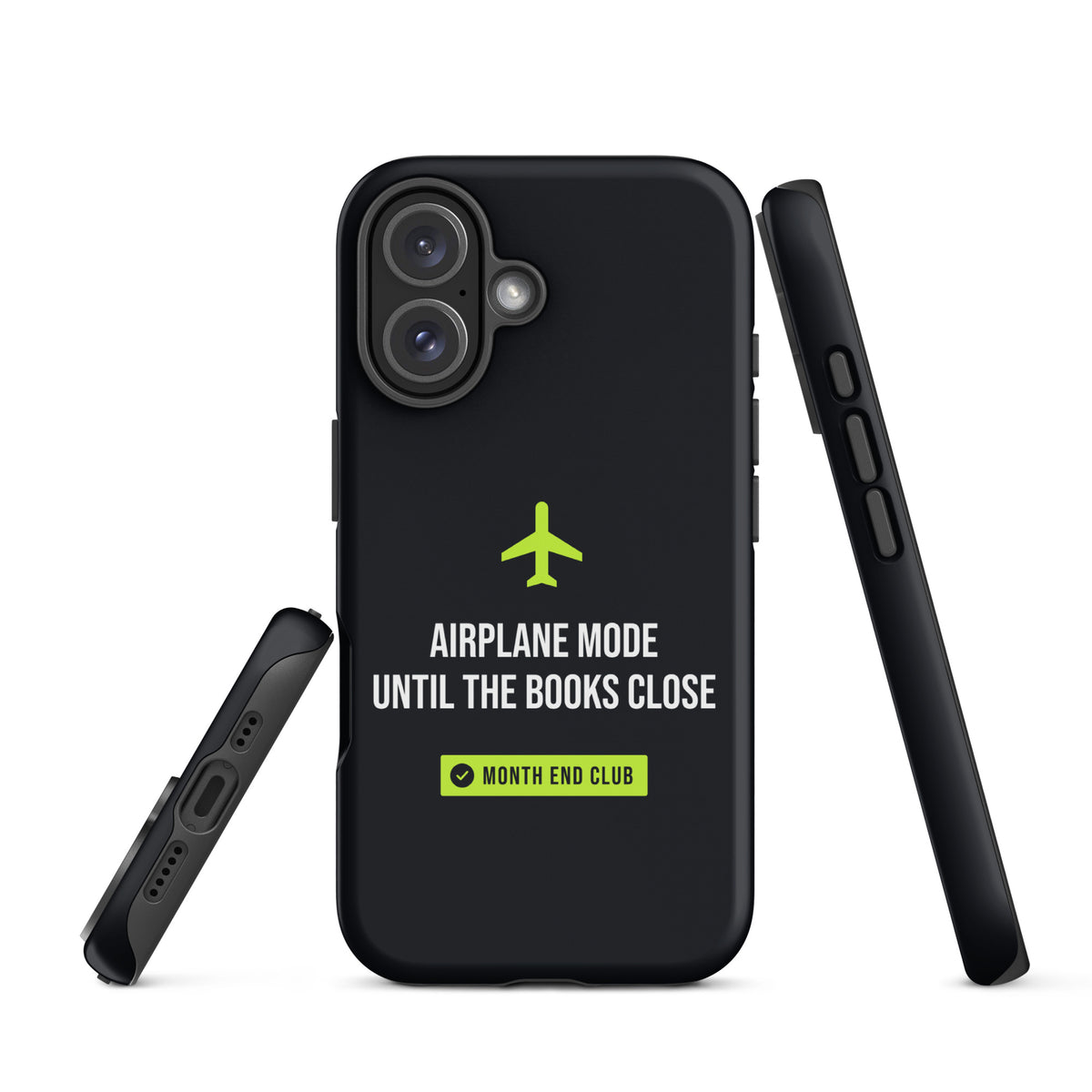 Airplane Mode Tough iPhone Case – matte black, angled view
