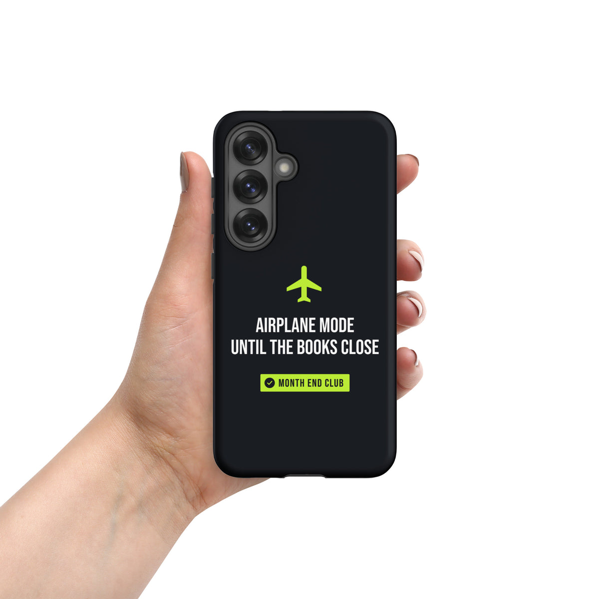 Airplane Mode Tough Samsung Case – matte black, hand-held view