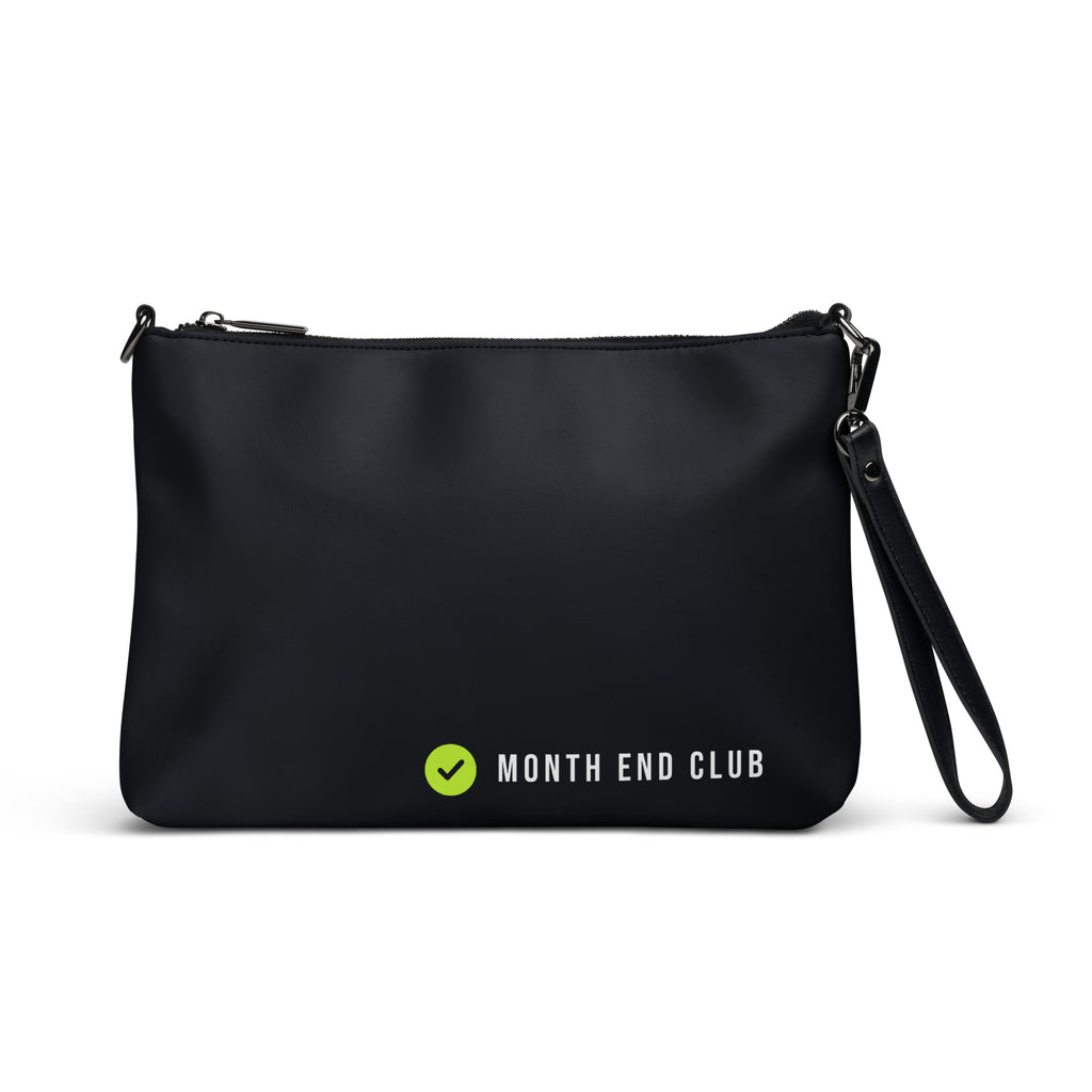 Month End Club Crossbody Bag – Black faux leather, lime tick logo