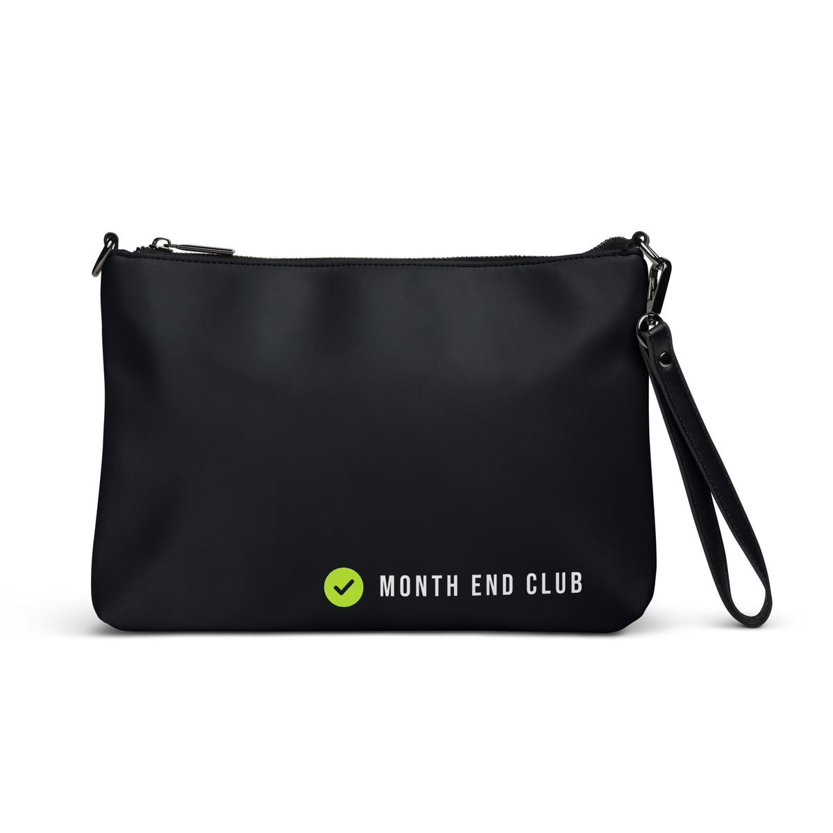 Month End Club Crossbody Bag – Black faux leather, lime tick logo