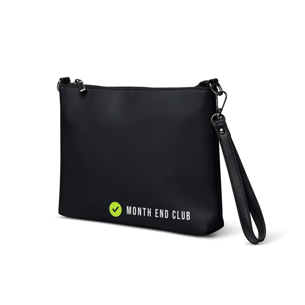 Month End Club Crossbody Bag – Black faux leather, lime tick logo