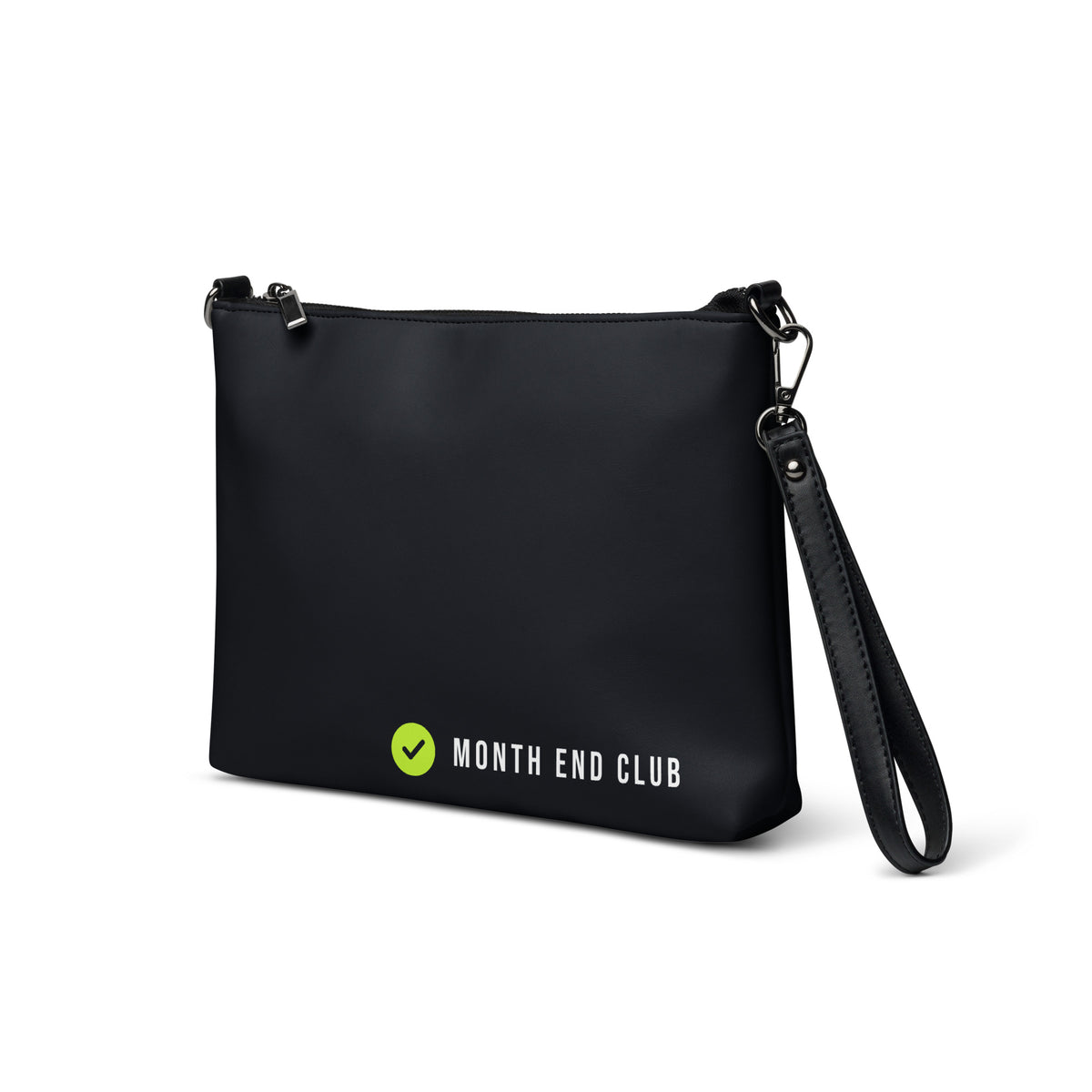 Month End Club Crossbody Bag – Black faux leather, lime tick logo