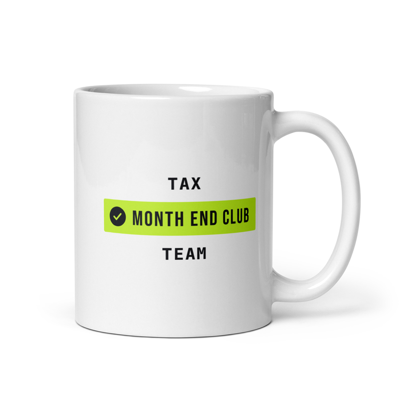 Month End Club Team Mug – Tax, Black and lime print – white 11oz mug