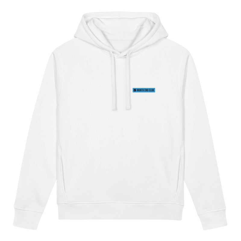 Month End Club Logo Hoodie – White, blue print