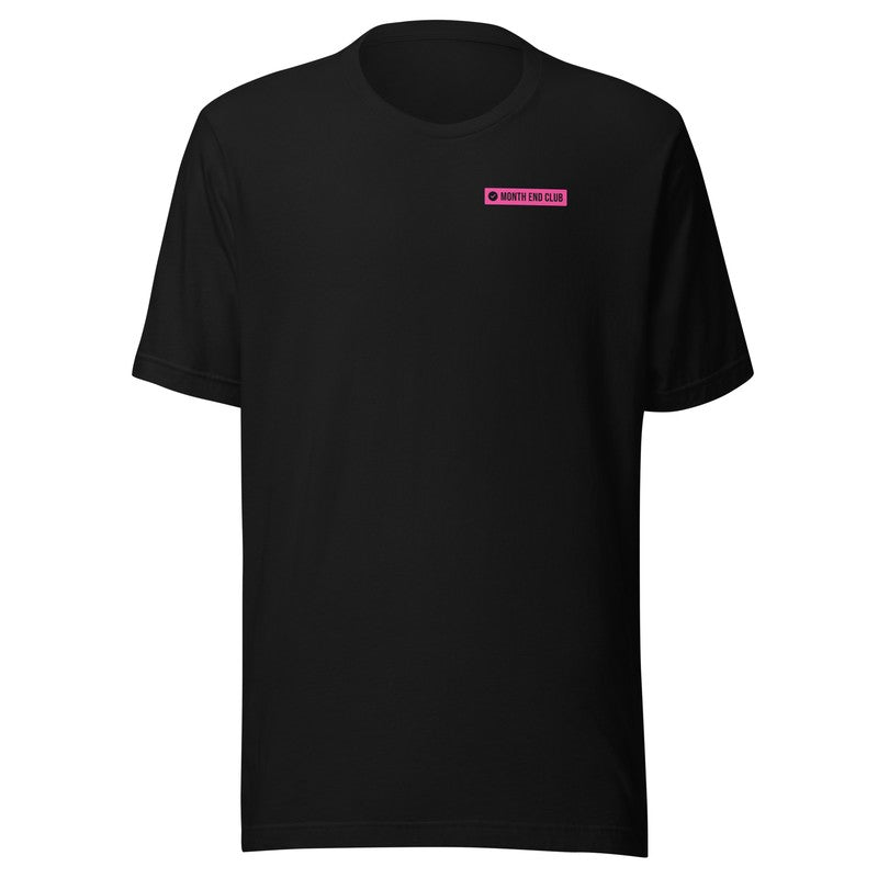 Month End Club Logo Tee – Black, pink print