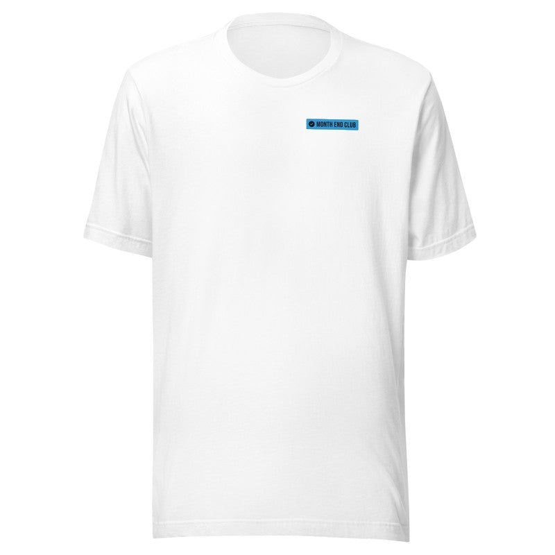 Month End Club Logo Tee – White, blue print
