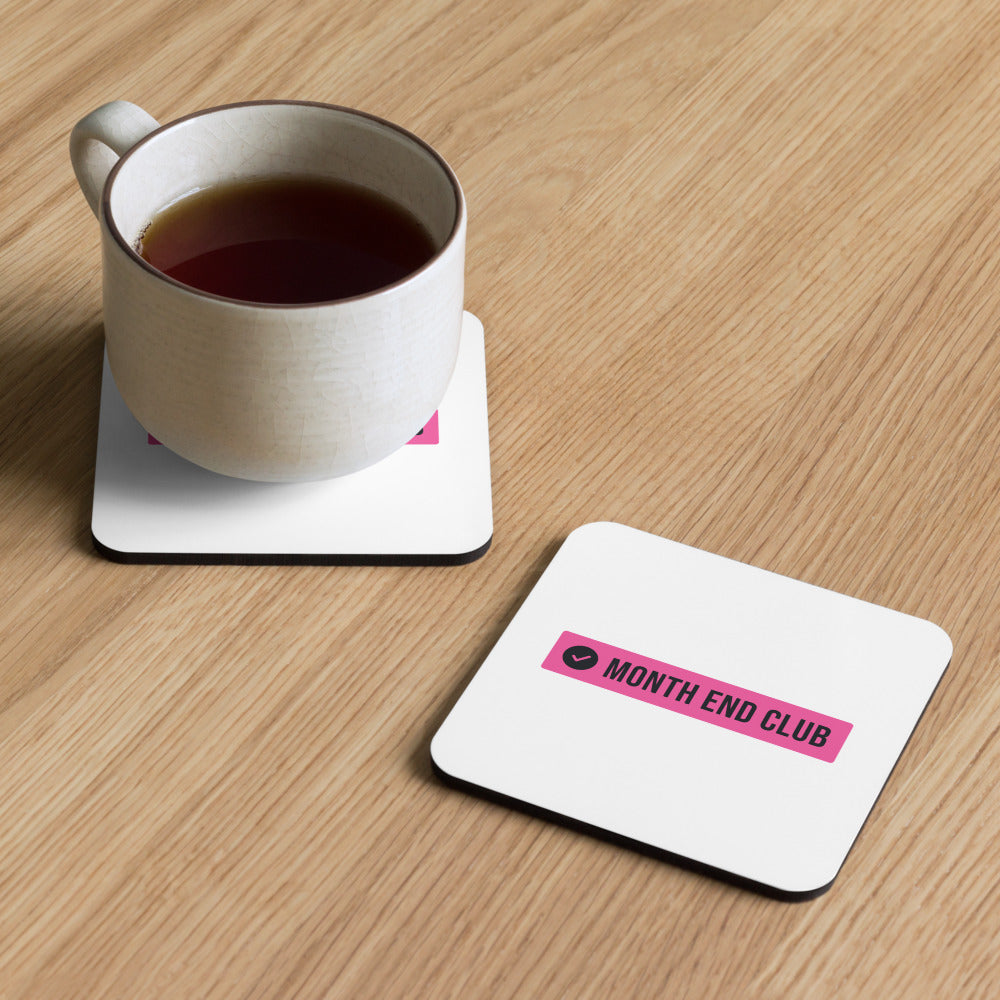 Month End Club Logo Coaster – in use
