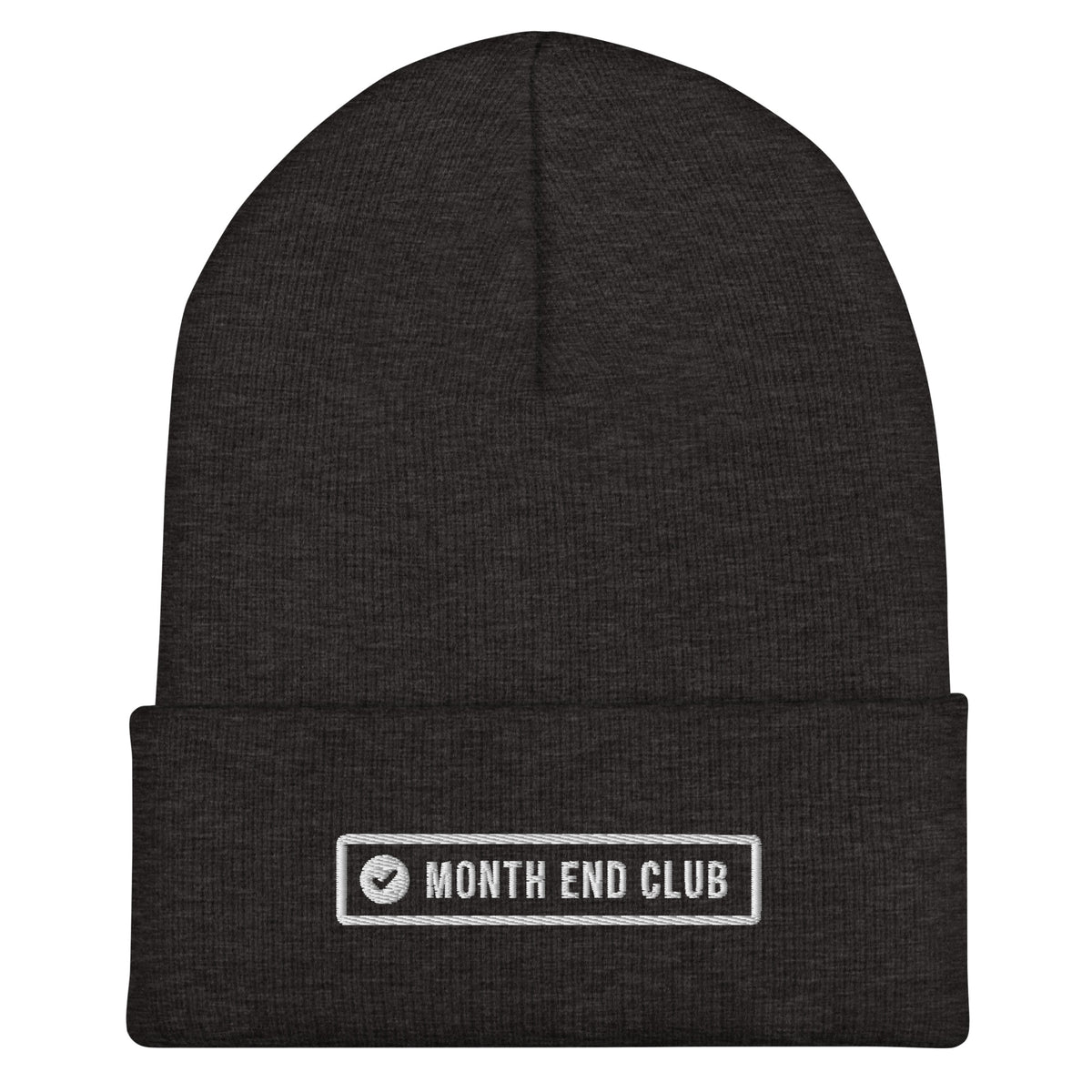 Month End Club Beanie – Dark Grey with off-white embroidered logo