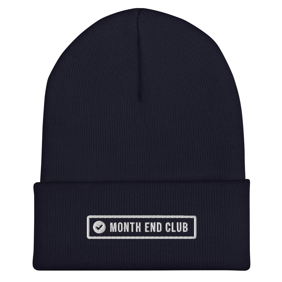 Month End Club Beanie – Navy with off-white embroidered logo