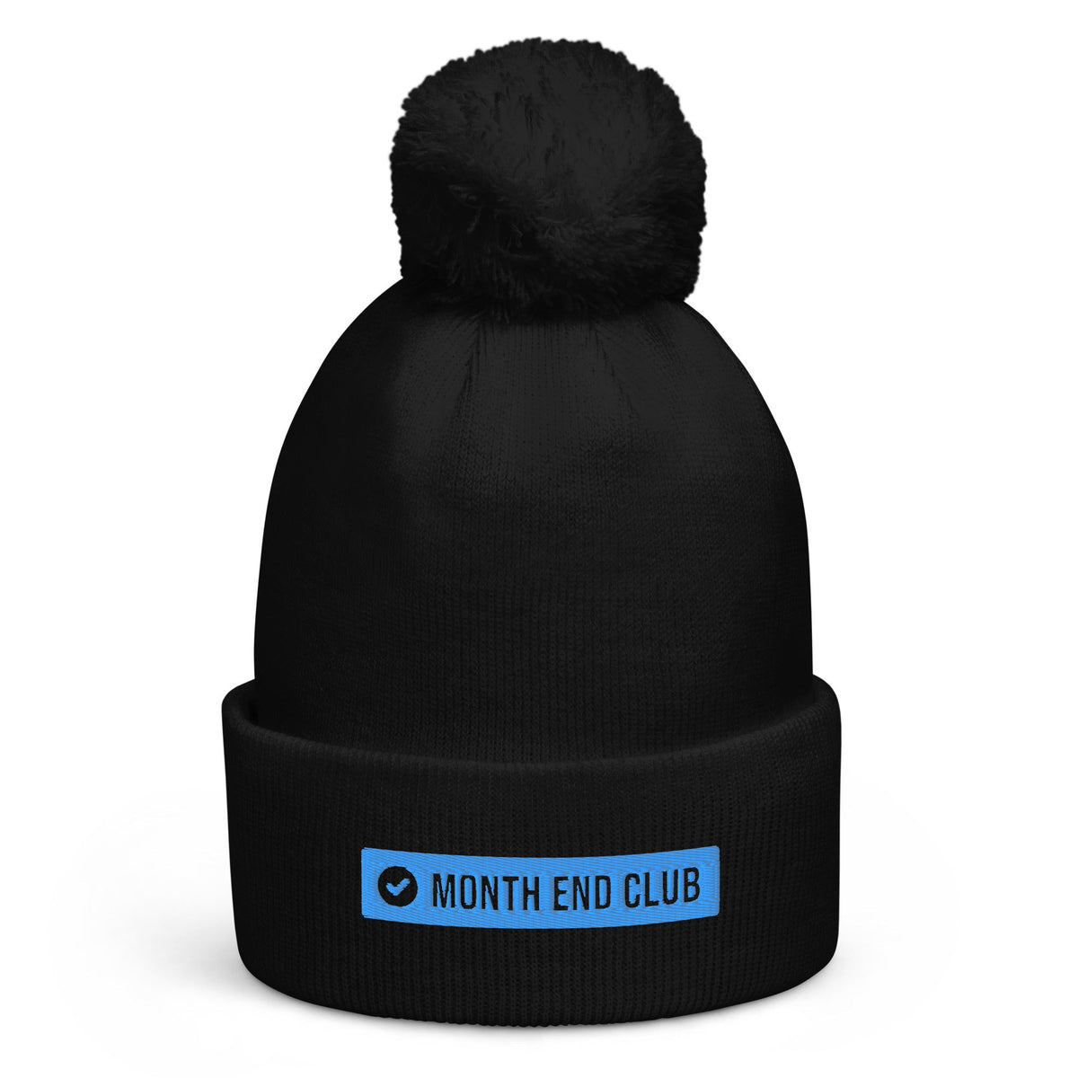 Month End Club embroidered pom-pom beanie – Black with blue thread