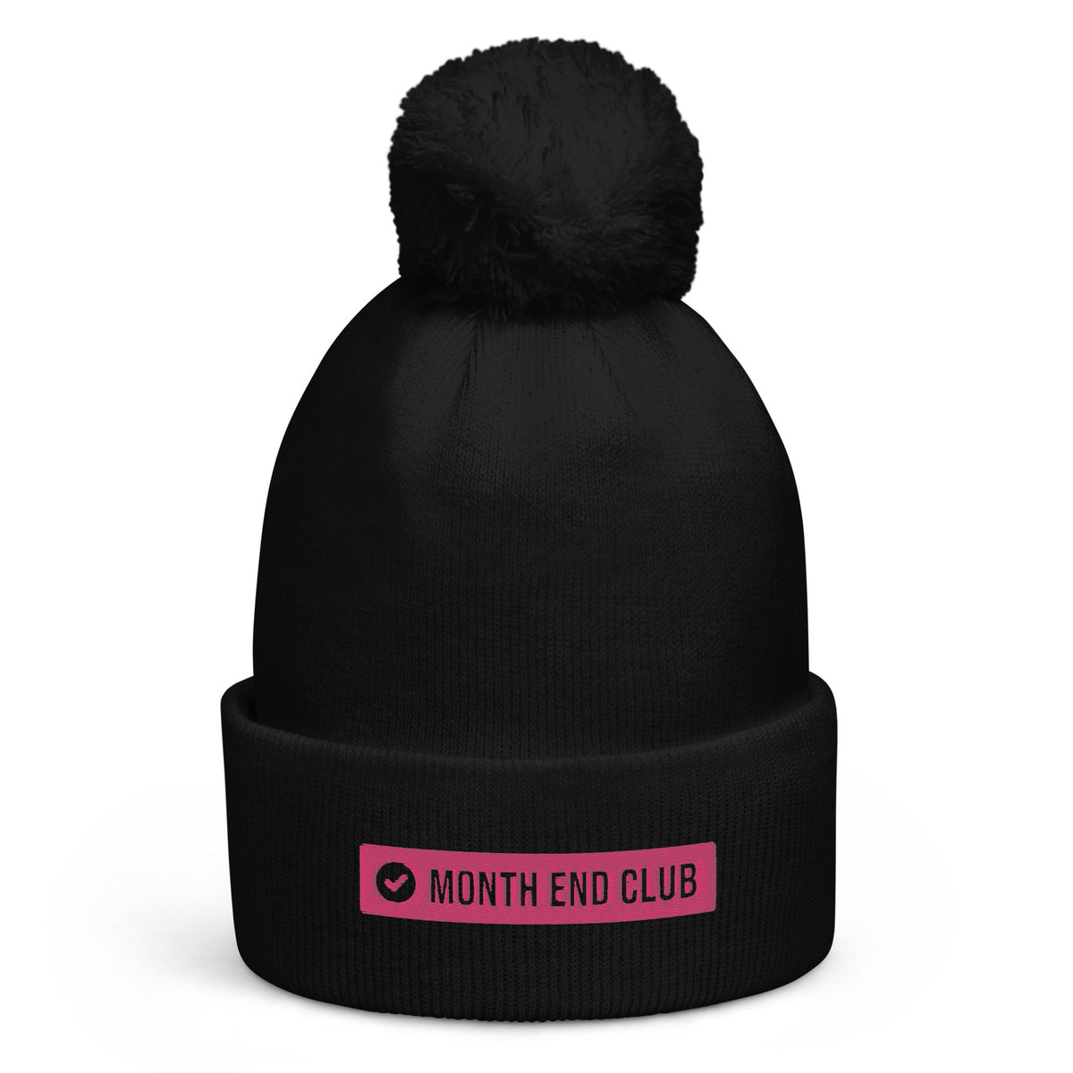Month End Club embroidered pom-pom beanie – Black with pink thread