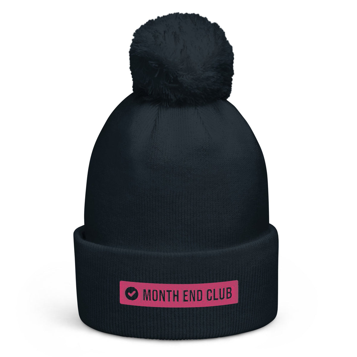 Month End Club embroidered pom-pom beanie – French Navy with pink thread
