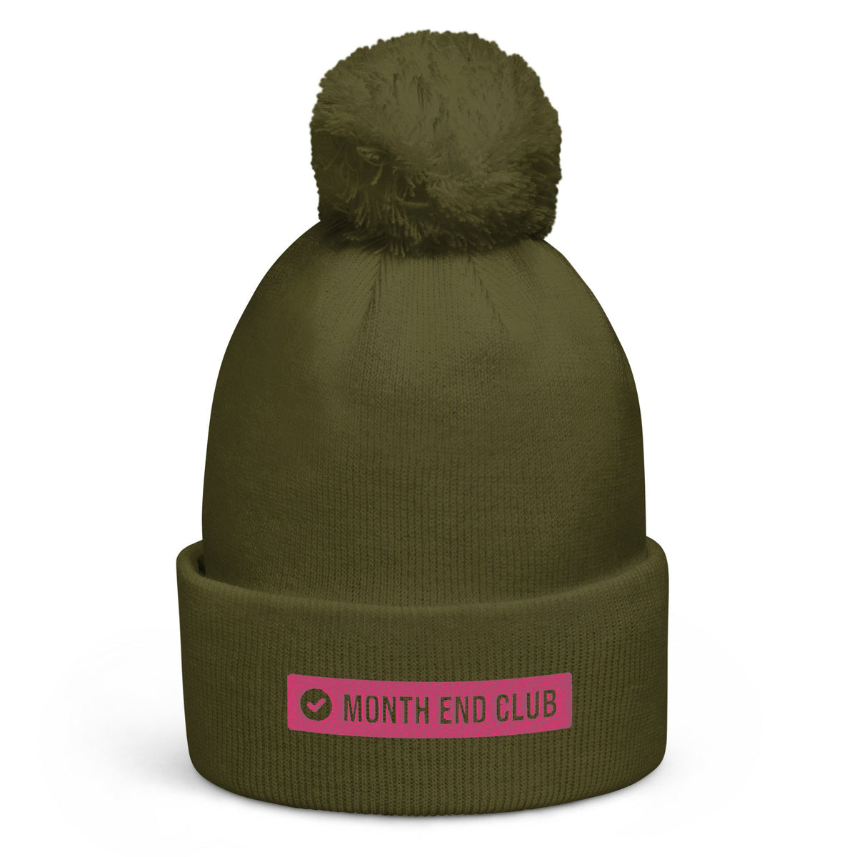 Month End Club embroidered pom-pom beanie – Moss Green with pink thread