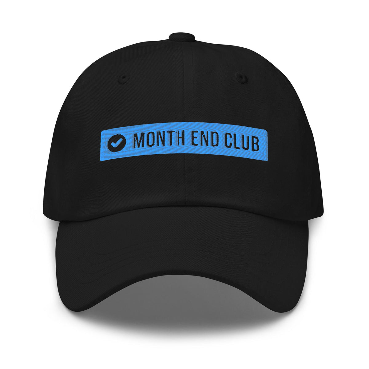 Month End Club embroidered dad hat – Black with blue thread