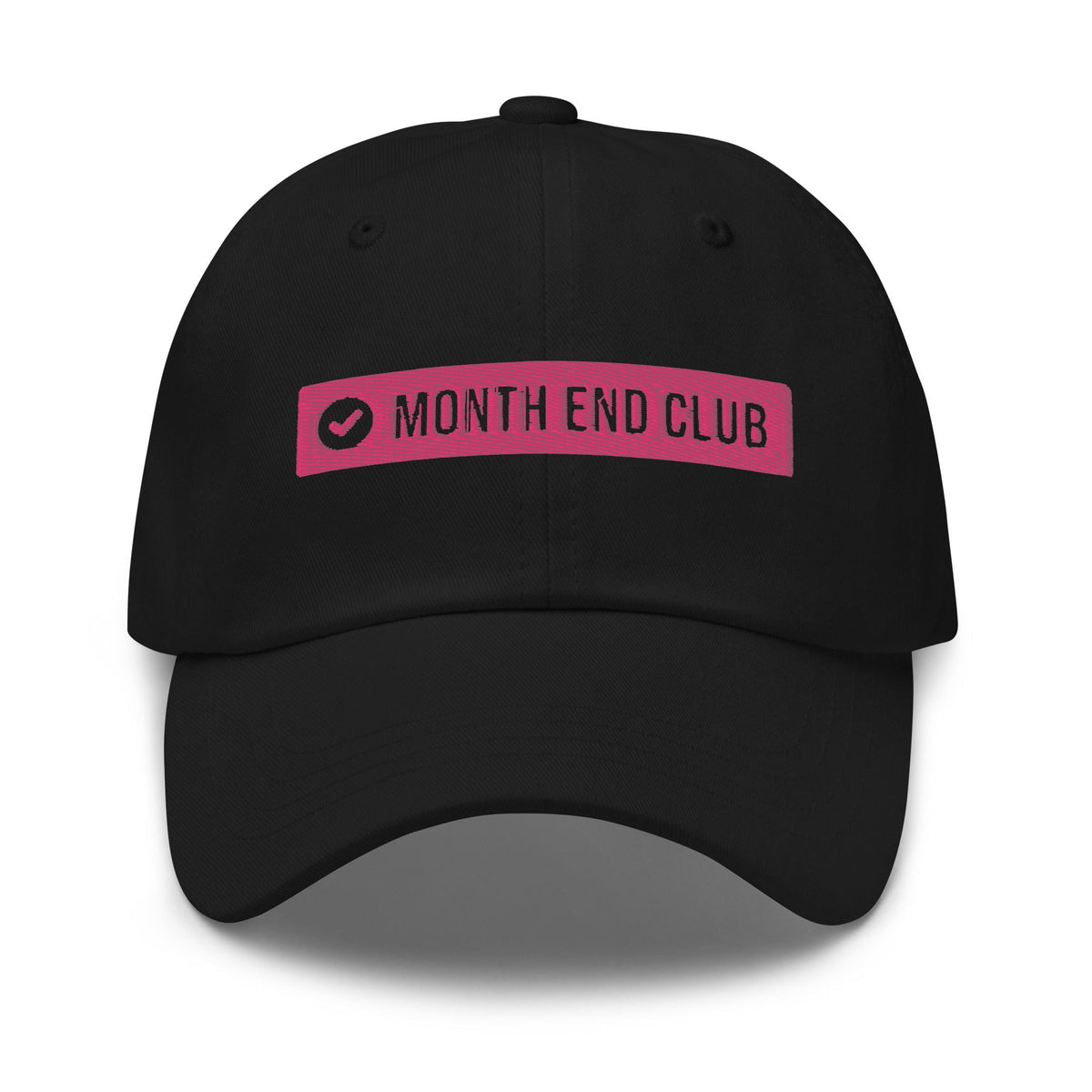 Month End Club embroidered dad hat – Black with pink thread