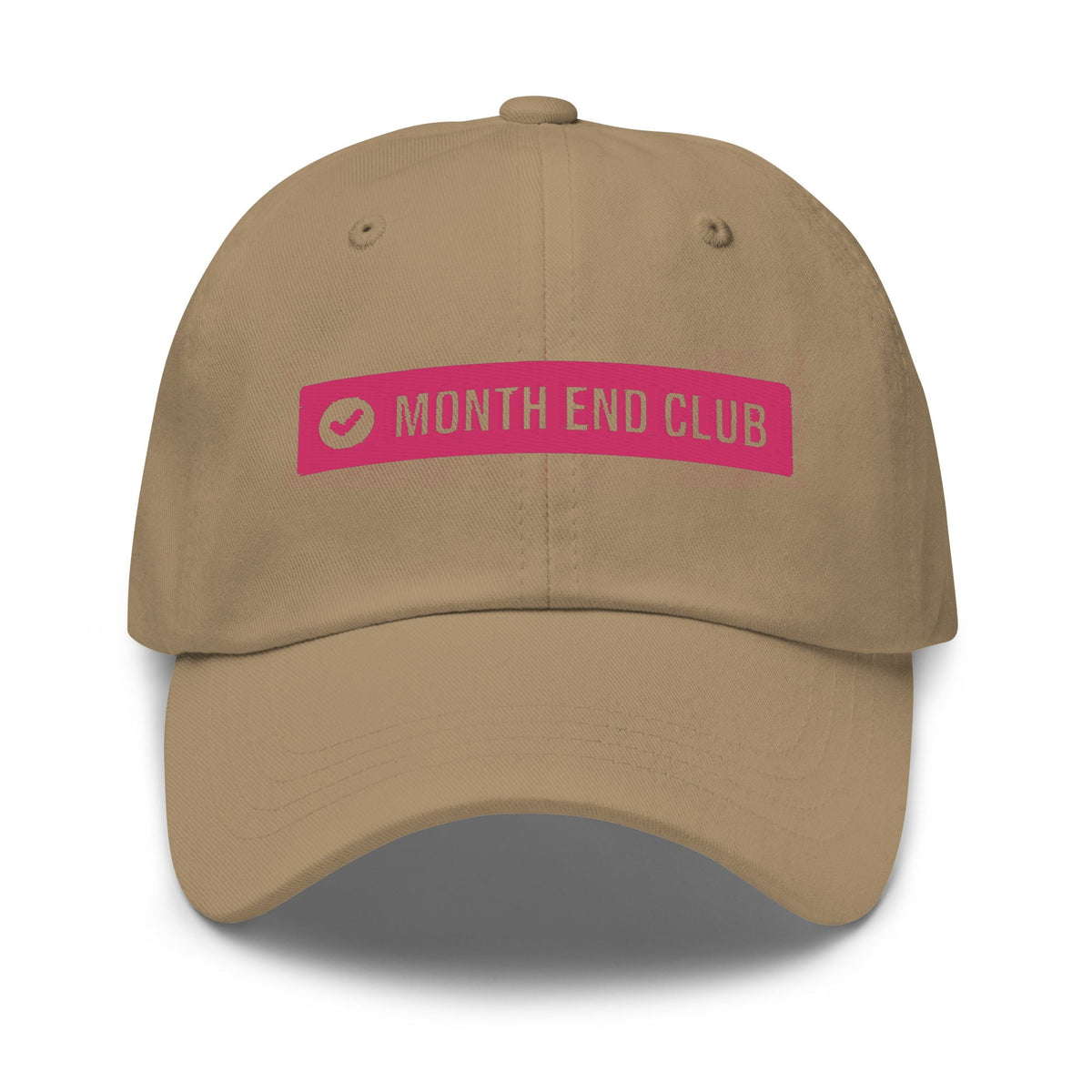 Month End Club embroidered dad hat – Khaki with pink thread