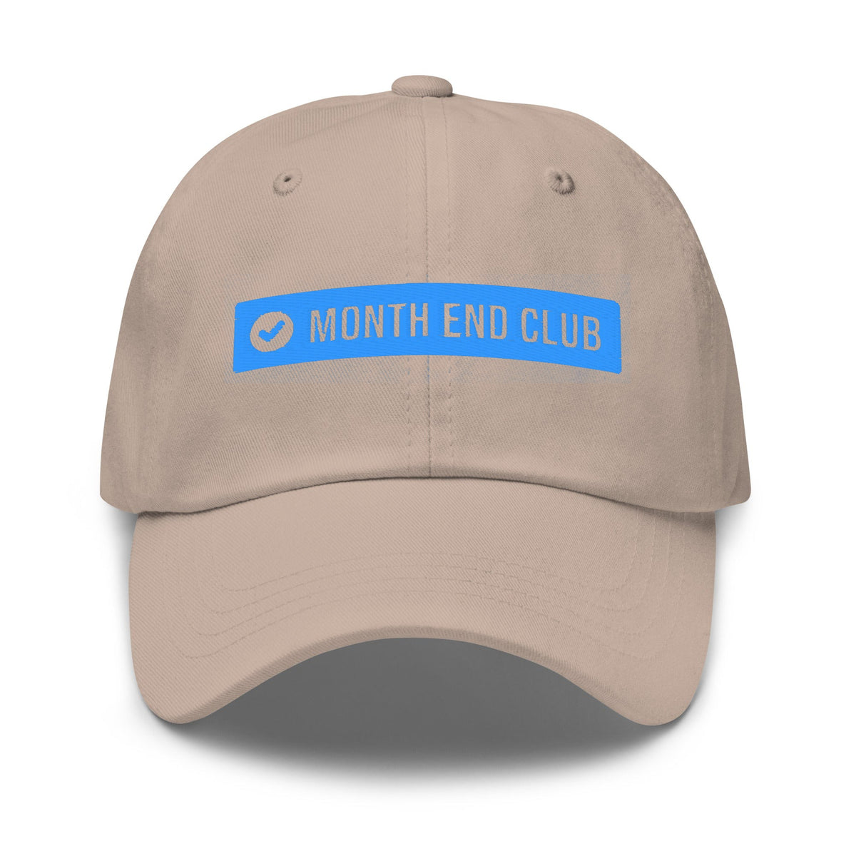 Month End Club embroidered dad hat – Stone with blue thread