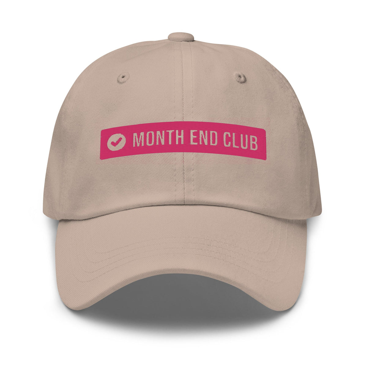 Month End Club embroidered dad hat – Stone with pink thread