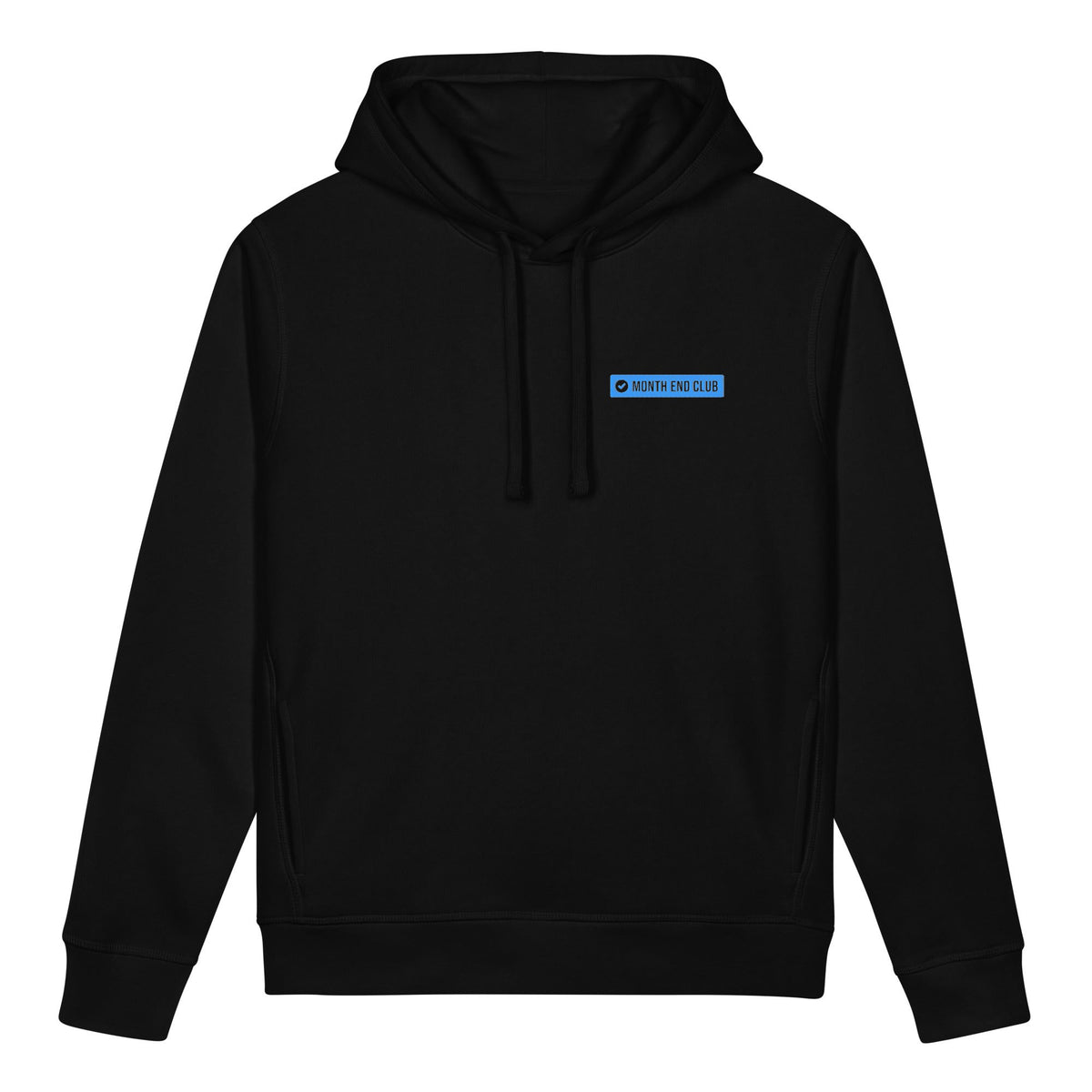 Month End Club embroidered hoodie – Black with blue thread