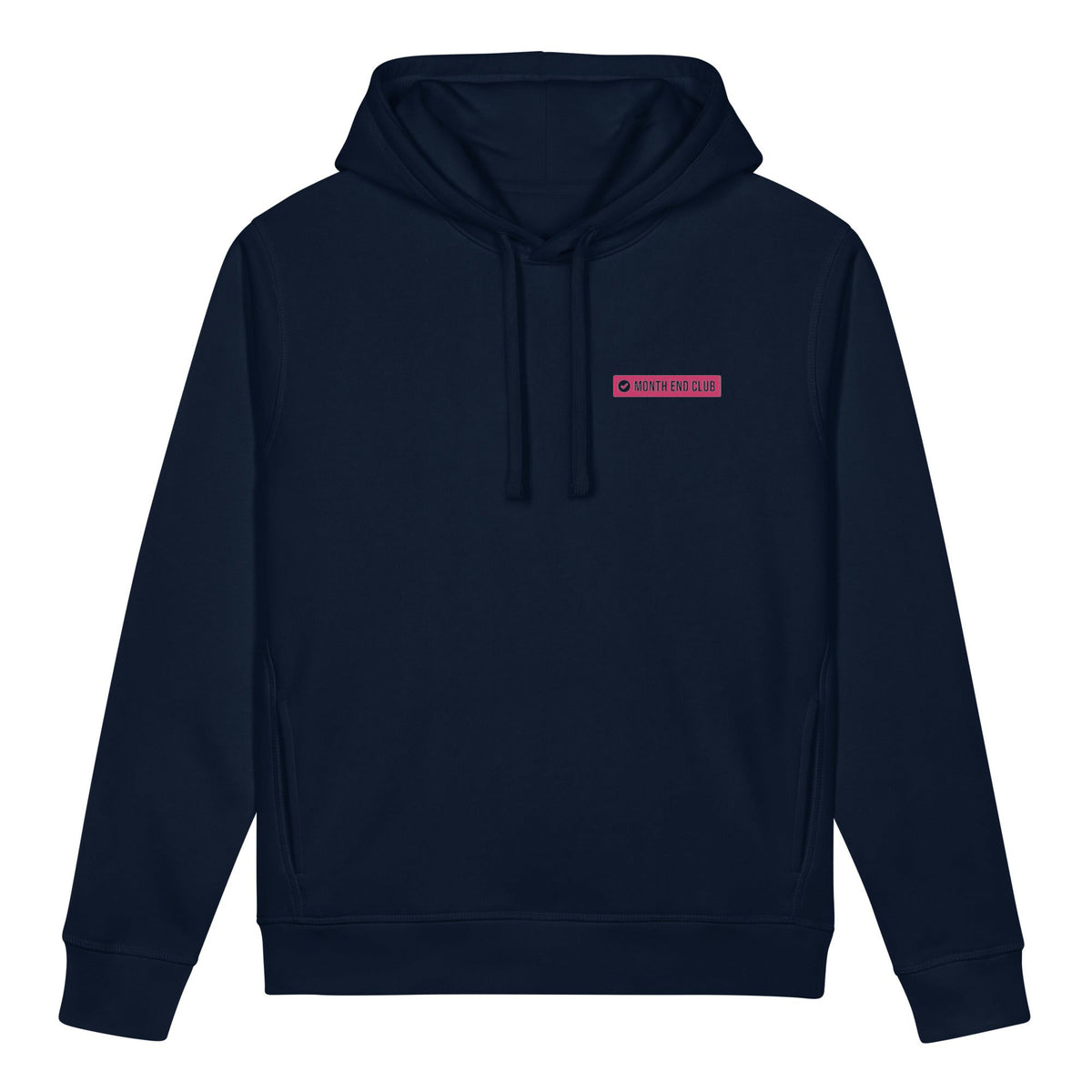 Month End Club embroidered hoodie – French Navy with pink thread