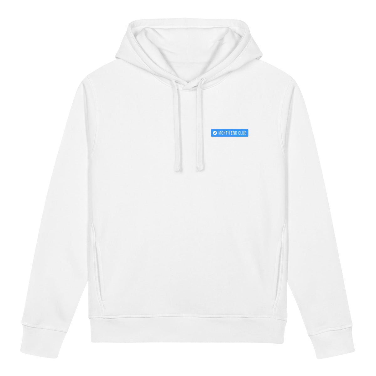 Month End Club embroidered hoodie – White with blue thread