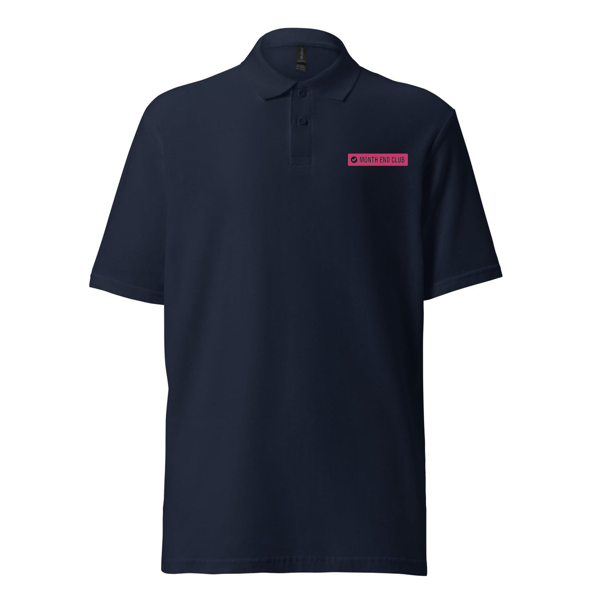Month End Club embroidered polo – Navy with pink thread