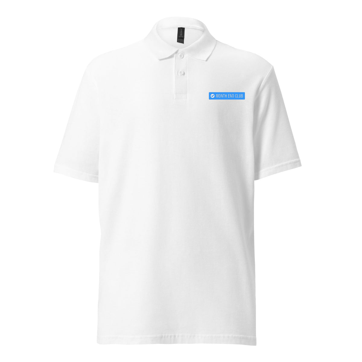 Month End Club embroidered polo – White with blue thread
