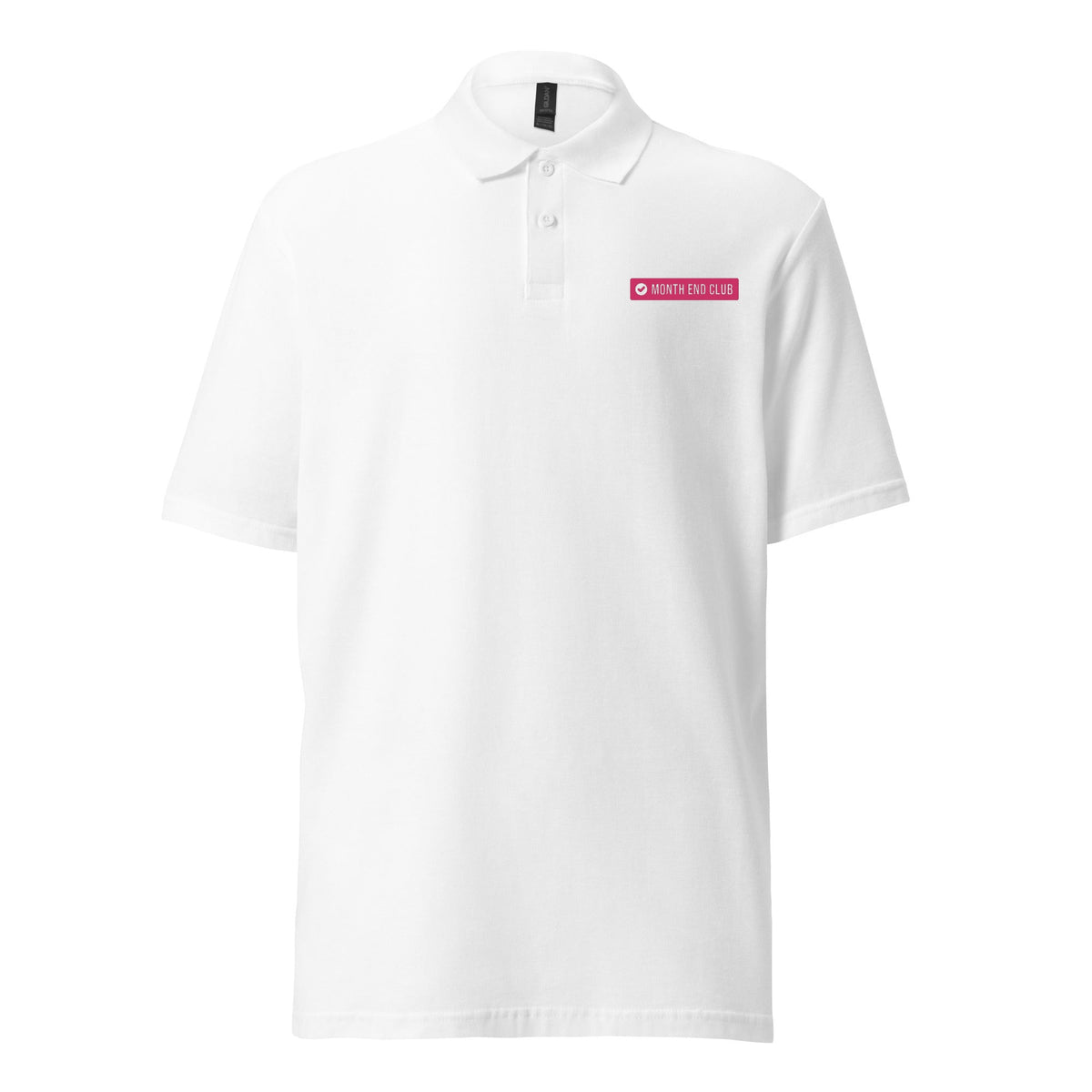 Month End Club embroidered polo – White with pink thread