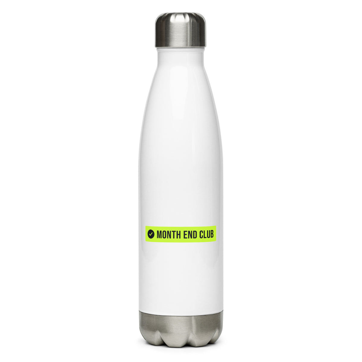 Month End Club Logo Steel Water Bottle – White, front