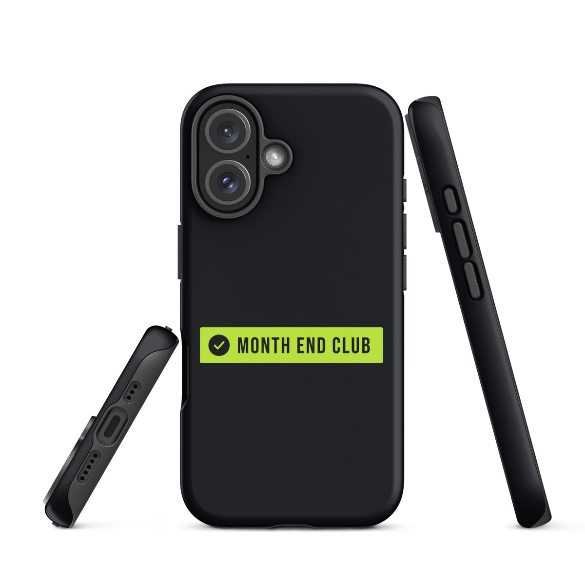 Month End Club Logo Tough iPhone Case – matte black, angled view