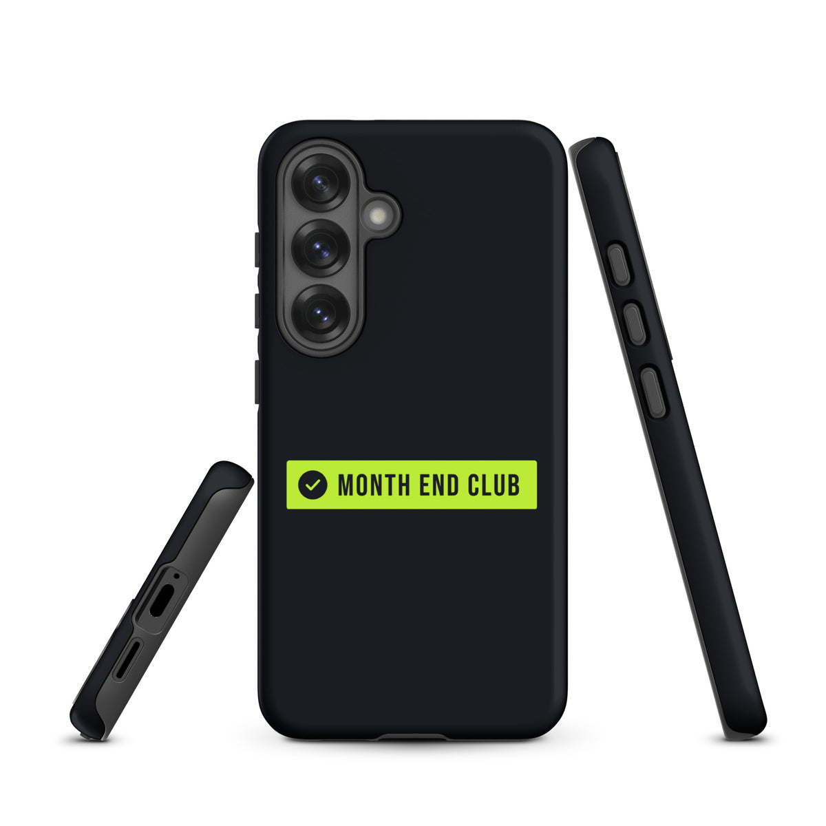 Month End Club Logo Tough Samsung Case – matte black, angled view