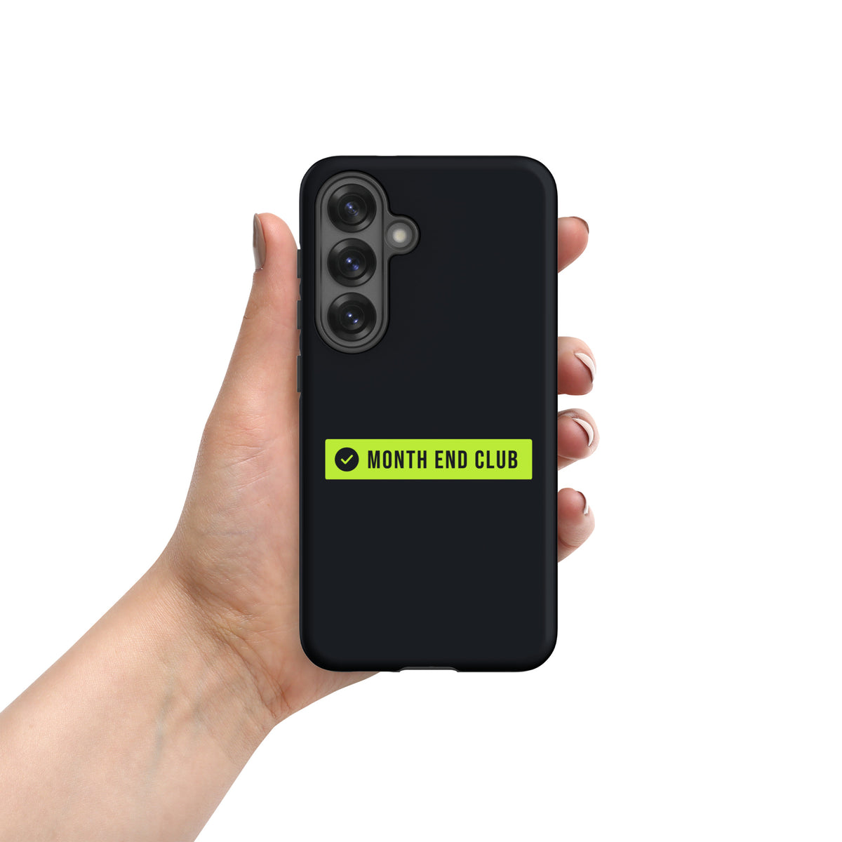 Month End Club Logo Tough Samsung Case – matte black, hand-held view