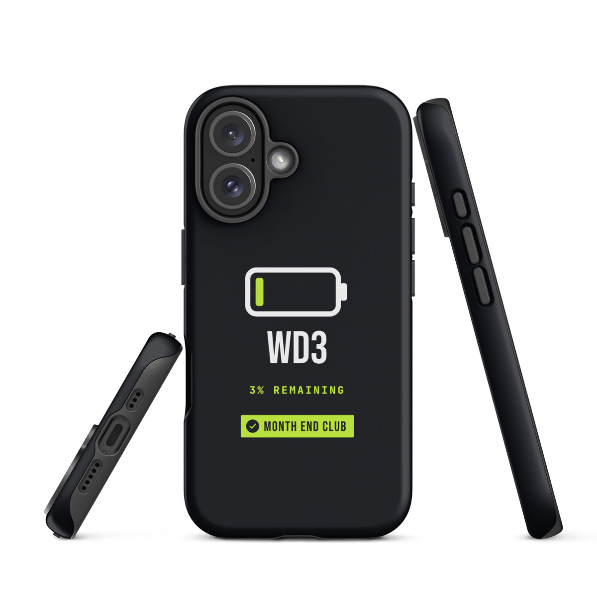 Low Battery WD3 Tough iPhone Case – matte black, angled view