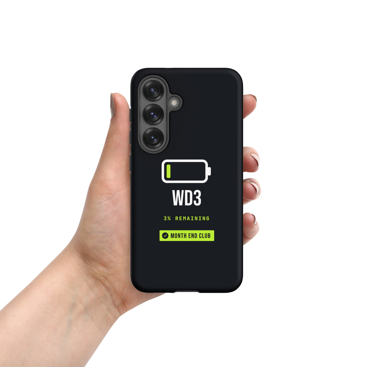 Low Battery WD3 Tough Samsung Case – matte black, hand-held view