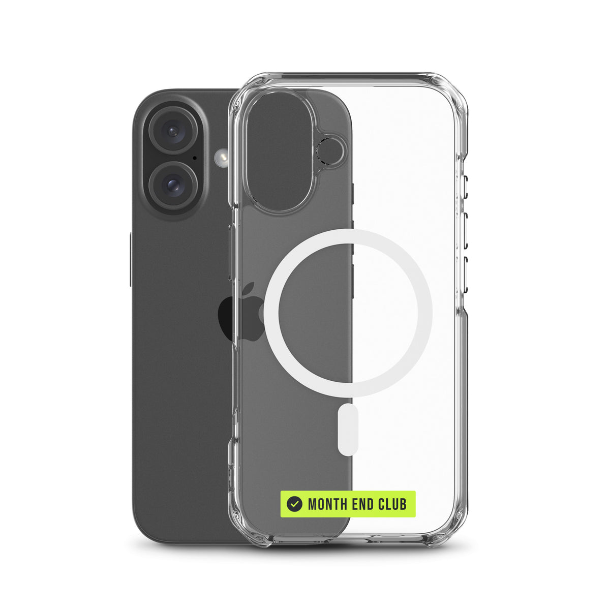 Month End Club Logo MagSafe Clear iPhone Case – clear, case beside phone showing edge