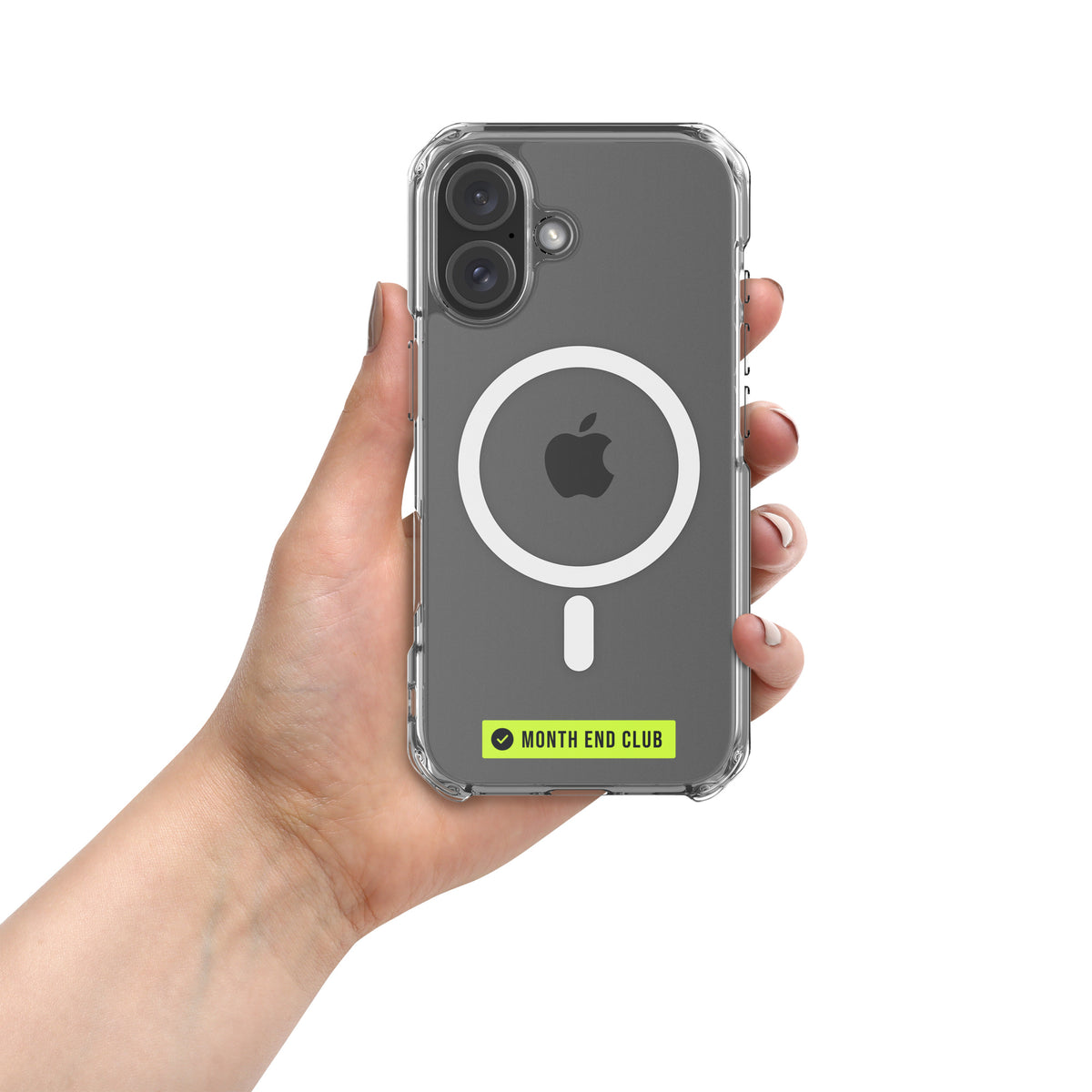 Month End Club Logo MagSafe Clear iPhone Case – clear, hand-held view