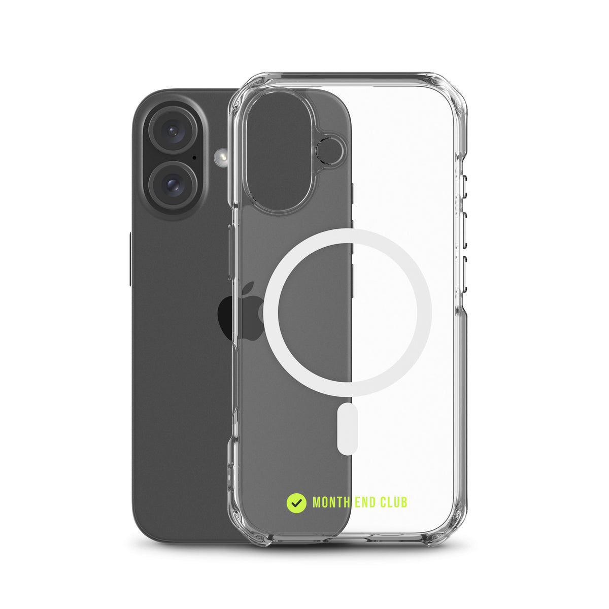Month End Club Tick MagSafe Clear iPhone Case – Lime, case beside phone showing edge