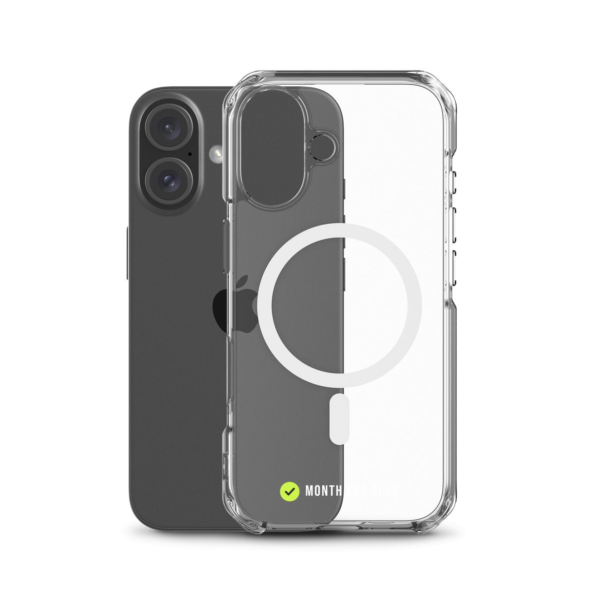 Month End Club Tick MagSafe Clear iPhone Case – White, case beside phone showing edge