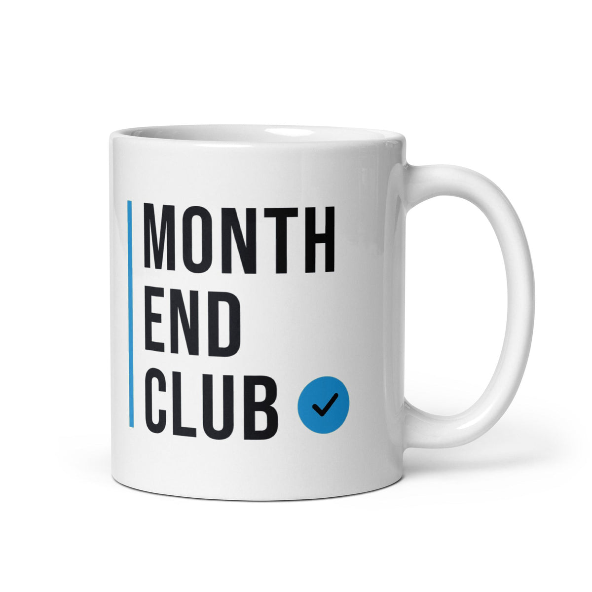 Month End Club Stacked Logo Mug – Blue print – white 11oz mug