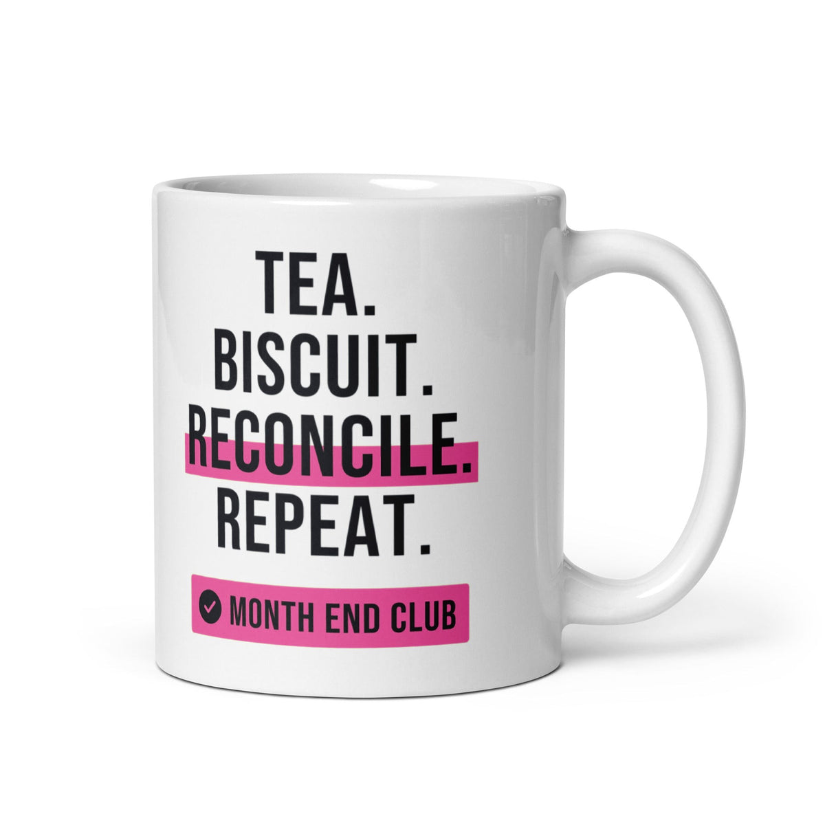 Tea. Biscuit. Reconcile. Repeat. Mug – Pink print – white 11oz mug