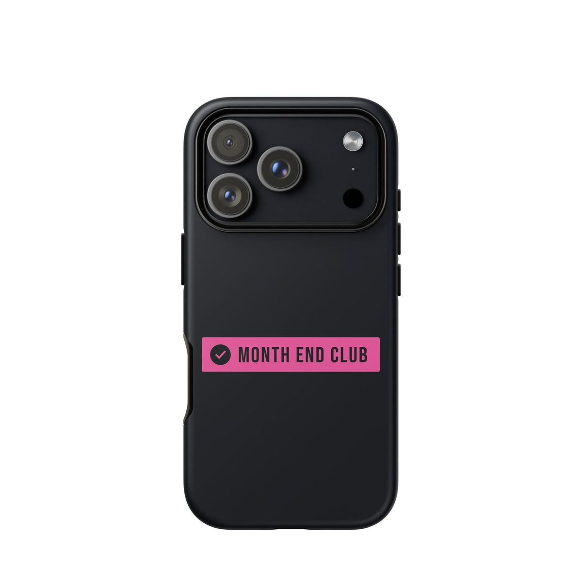 Month End Club Logo Tough iPhone Case – iPhone 18 Pro, matte black – pink print