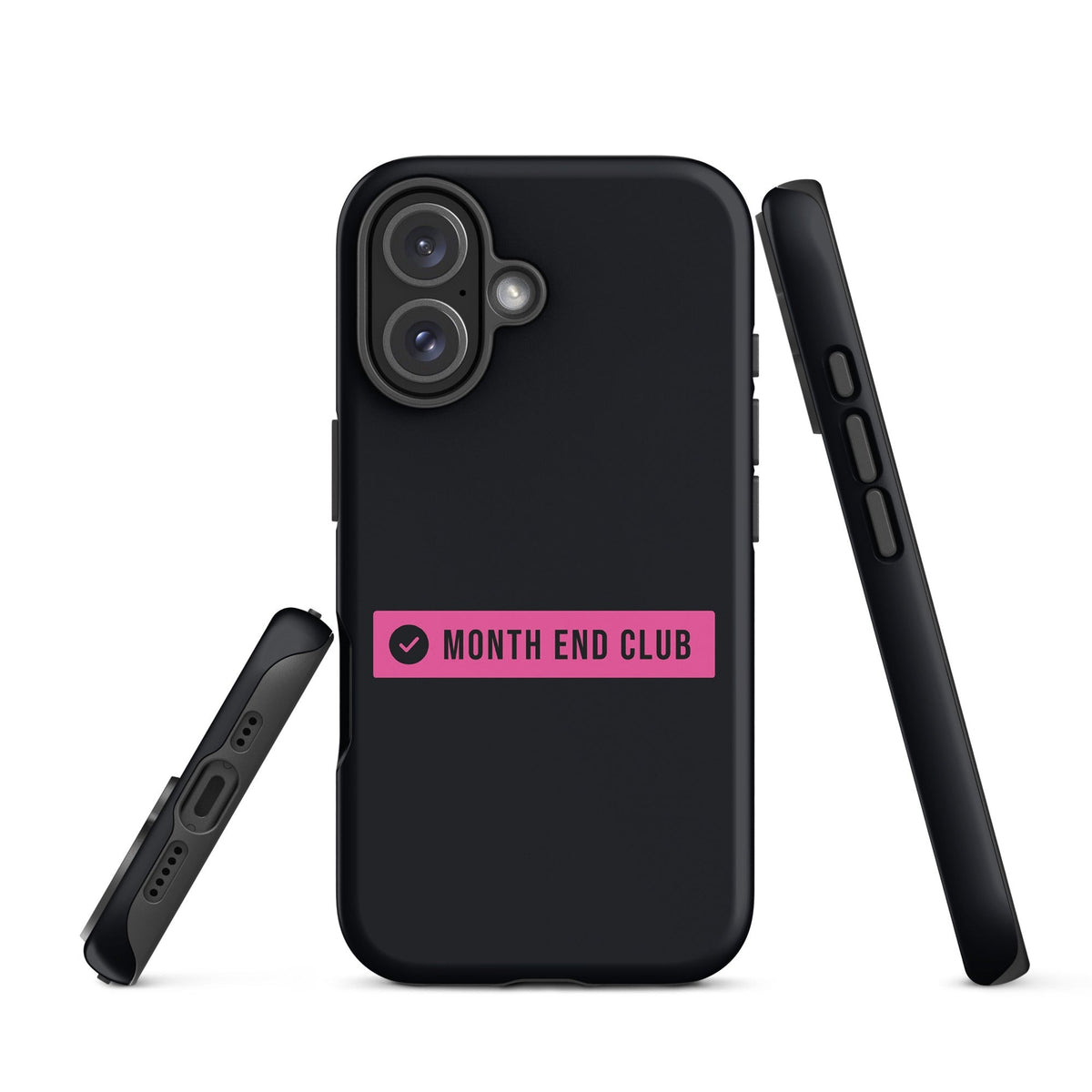 Month End Club Logo Tough iPhone Case – matte black, angled view – pink print