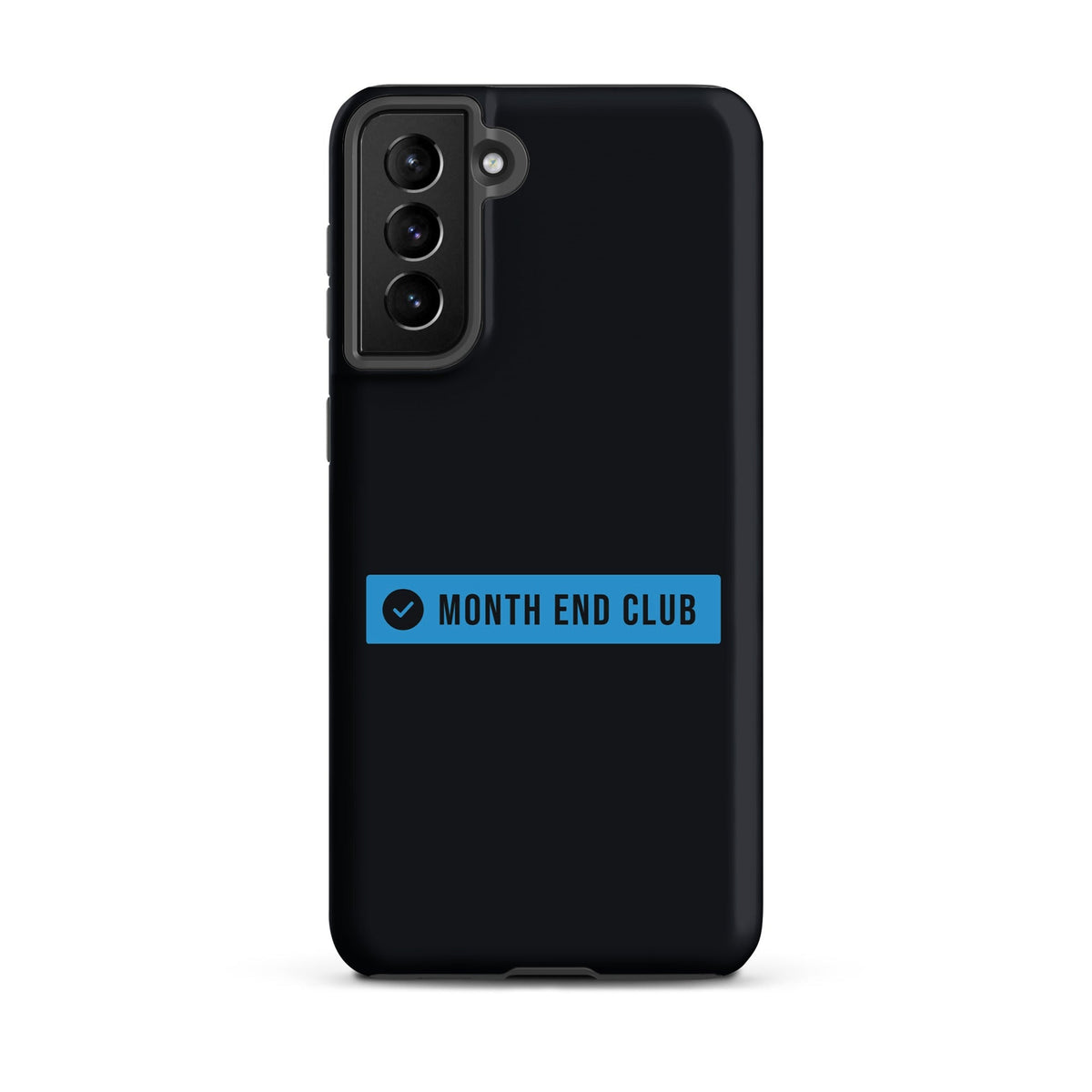 Month End Club Logo Tough Samsung Case – Samsung Galaxy S21 Plus, matte black – blue print