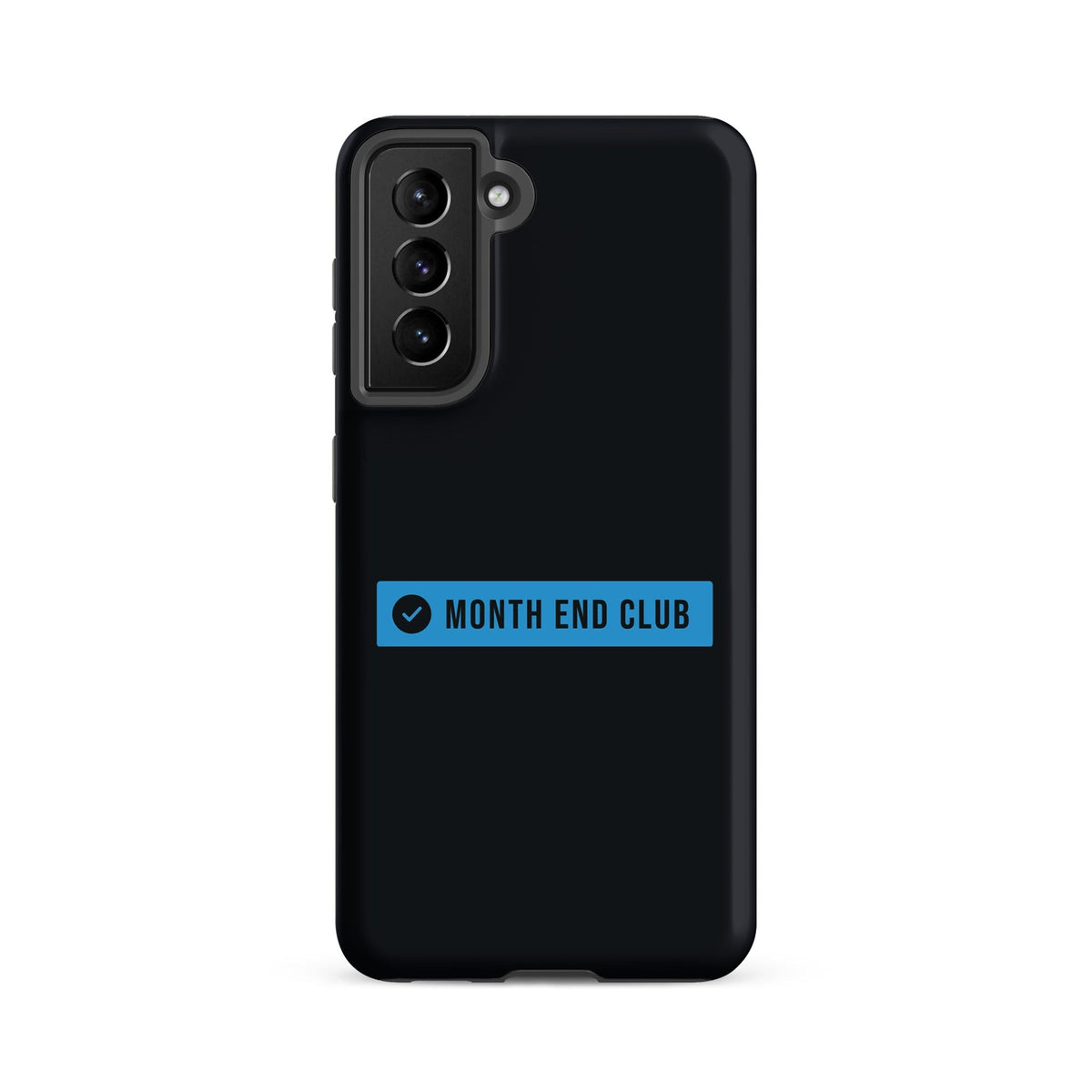 Month End Club Logo Tough Samsung Case – Samsung Galaxy S21 FE, matte black – blue print