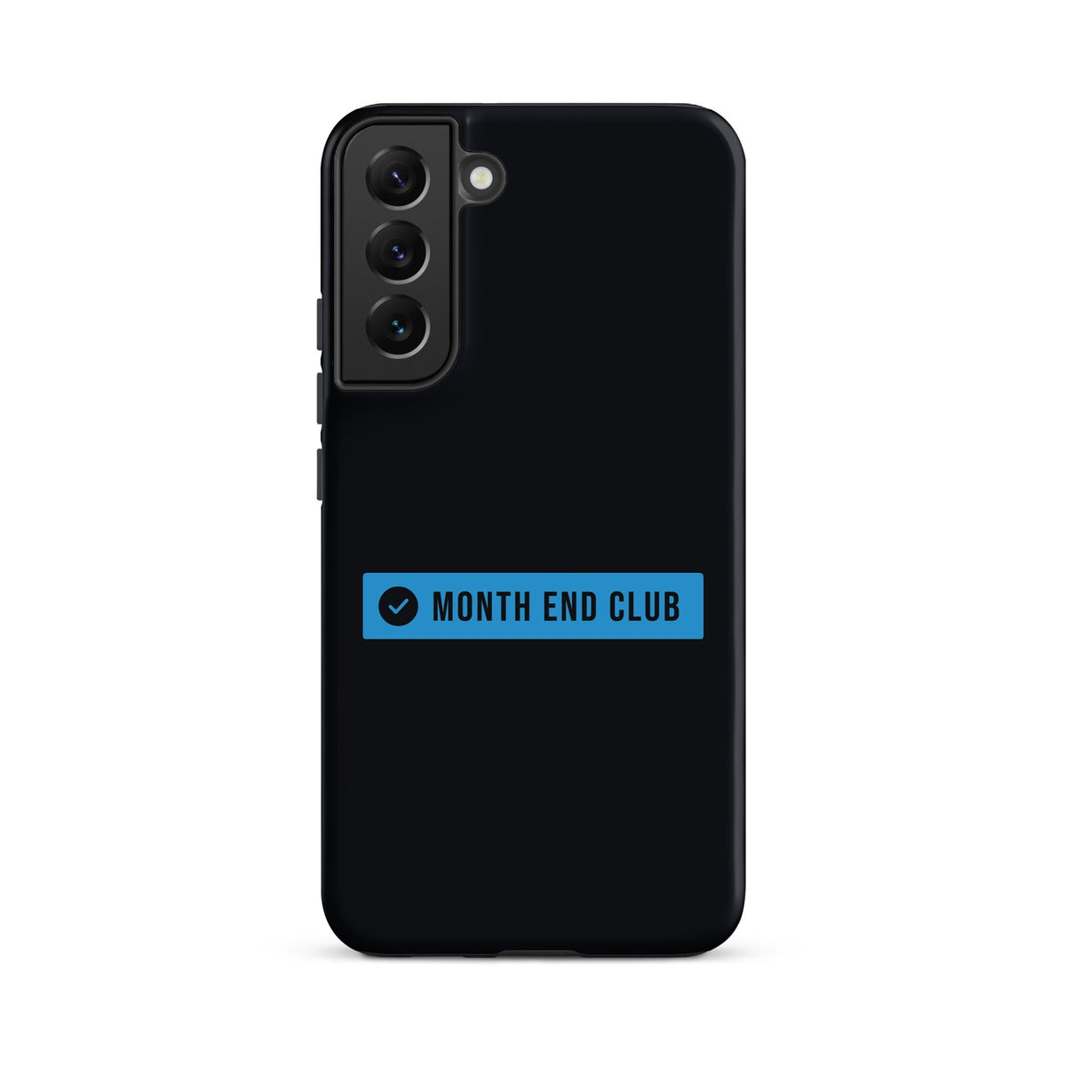 Month End Club Logo Tough Samsung Case – Samsung Galaxy S22 Plus, matte black – blue print