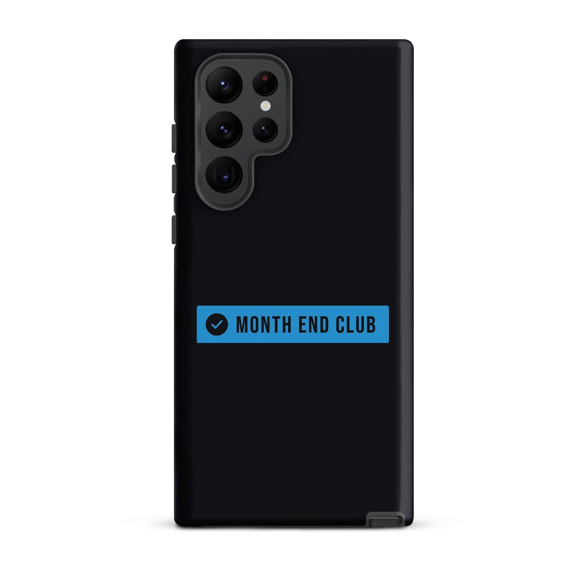 Month End Club Logo Tough Samsung Case – Samsung Galaxy S22 Ultra, matte black – blue print