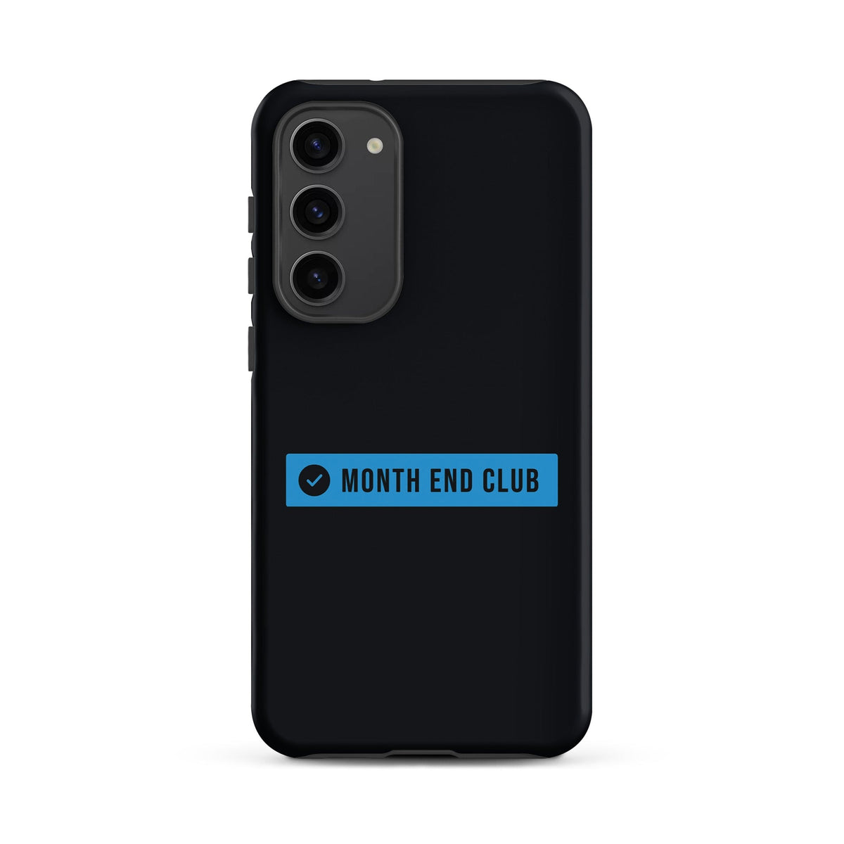 Month End Club Logo Tough Samsung Case – Samsung Galaxy S23 Plus, matte black – blue print
