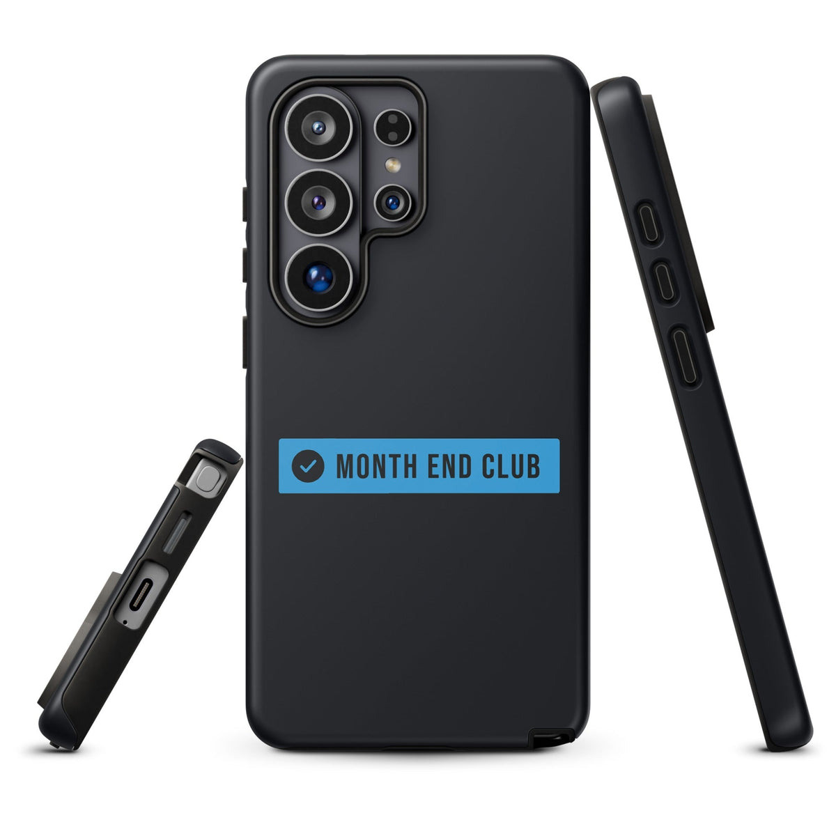 Month End Club Logo Tough Samsung Case – Samsung Galaxy S26 Ultra, matte black – blue print