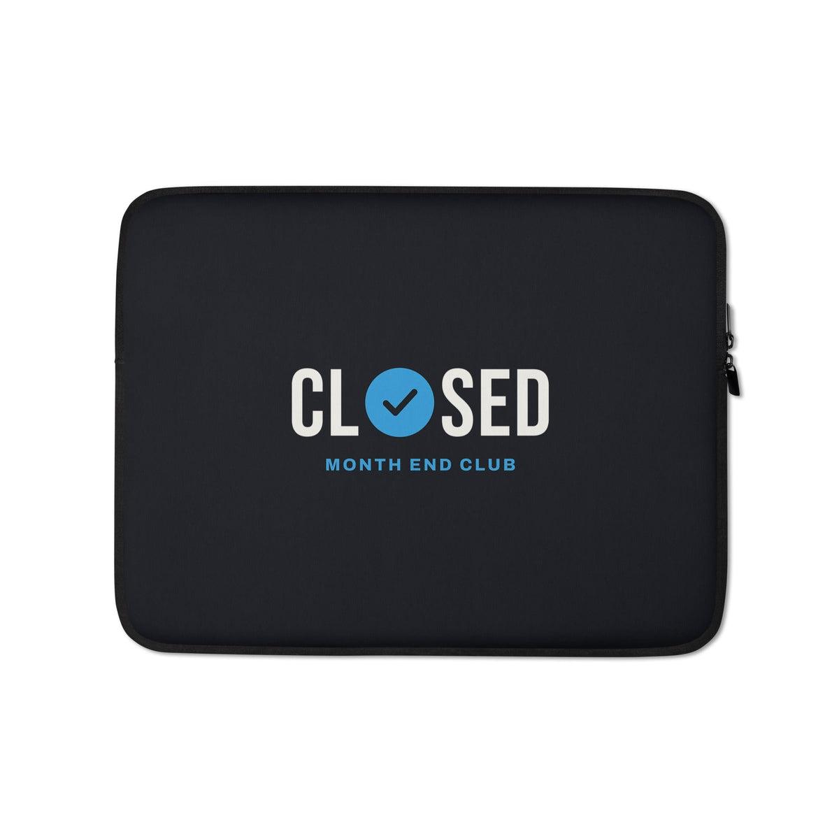 Closed Laptop Sleeve – 13″, black neoprene, front – blue print